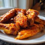 Close-up of several crispy, saucy buffalo wings piled on a white plate, glistening under natural light.