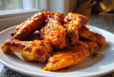 Close-up of several crispy, saucy buffalo wings piled on a white plate, glistening under natural light.