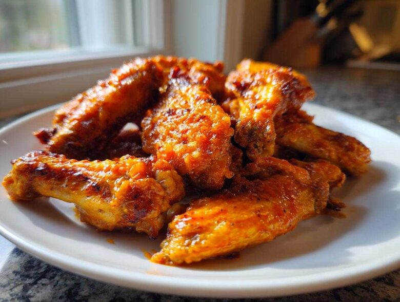 Close-up of several crispy, saucy buffalo wings piled on a white plate, glistening under natural light.