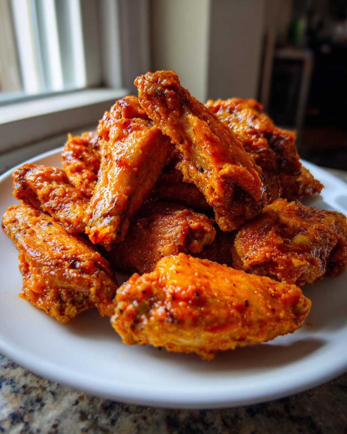 A close-up of a pile of saucy, crispy buffalo wings recipe pieces stacked on a white plate.