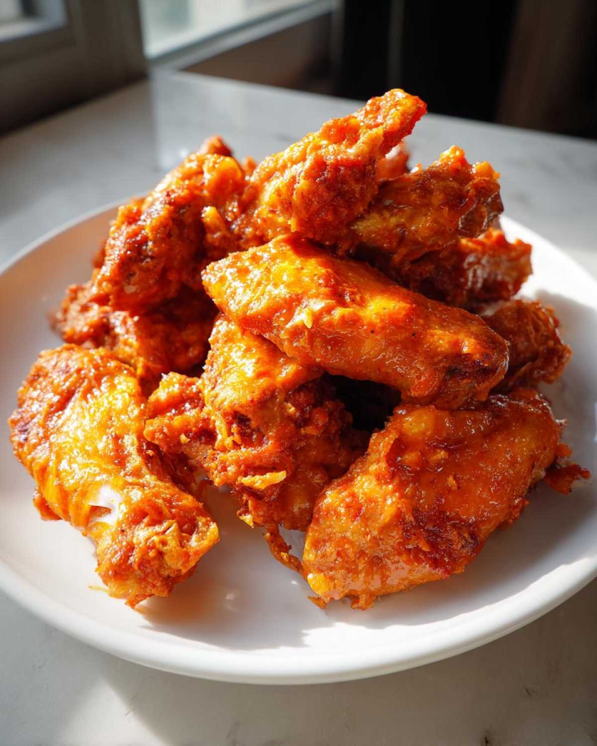 A close-up stack of crispy, saucy buffalo wings recipe pieces piled high on a white plate.