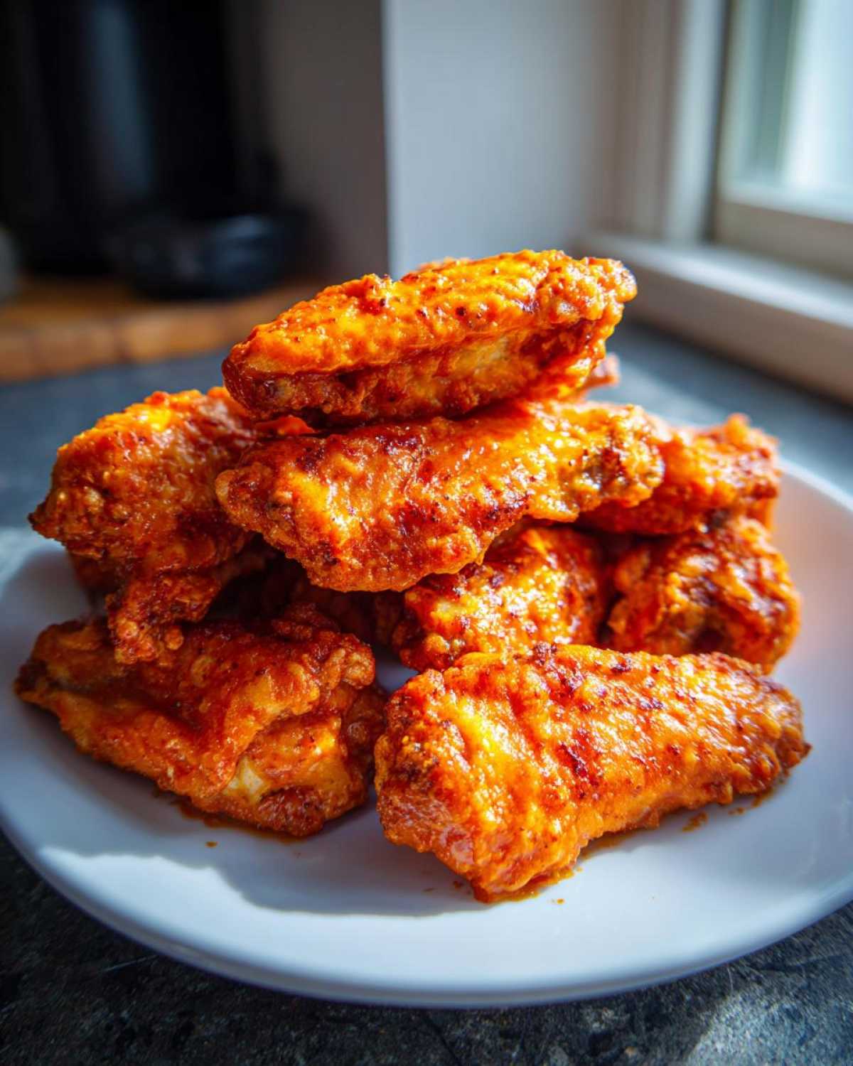 A stack of crispy, saucy buffalo wings recipe pieces piled high on a white plate, glistening under natural light.