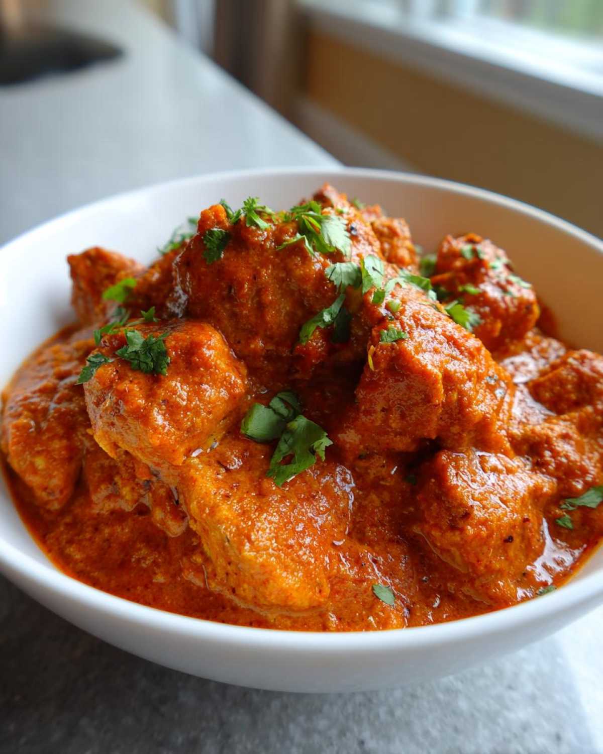 Close-up of tender chicken pieces swimming in a rich, creamy orange sauce, garnished with fresh cilantro for the Crockpot Butter Chicken.