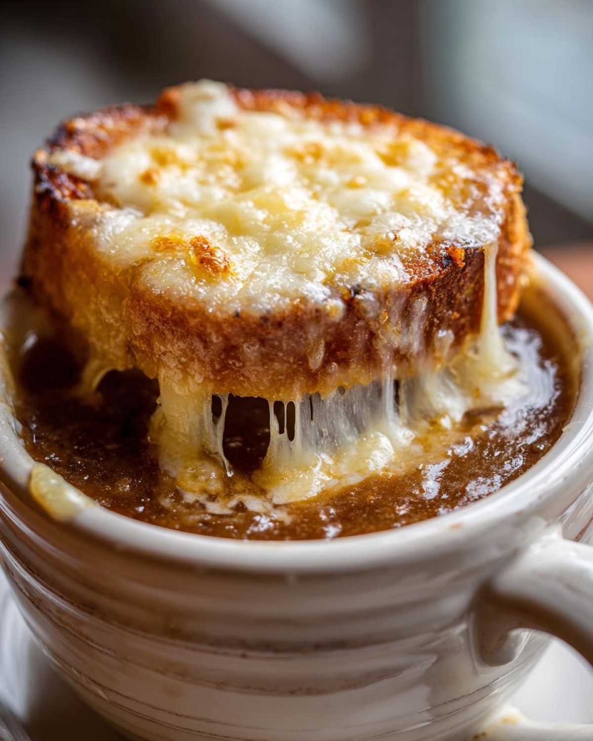 Close-up of a toasted bread slice covered in melted, gooey cheese topping crockpot french onion soup.