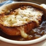 Close-up of a toasted bread slice covered in melted cheese floating on rich broth in a bowl of crockpot french onion soup.