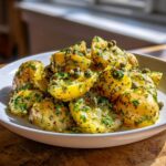 A bowl of warm CRUSHED POTATO SALAD tossed in a bright lemon-caper-parmesan dressing with fresh parsley.