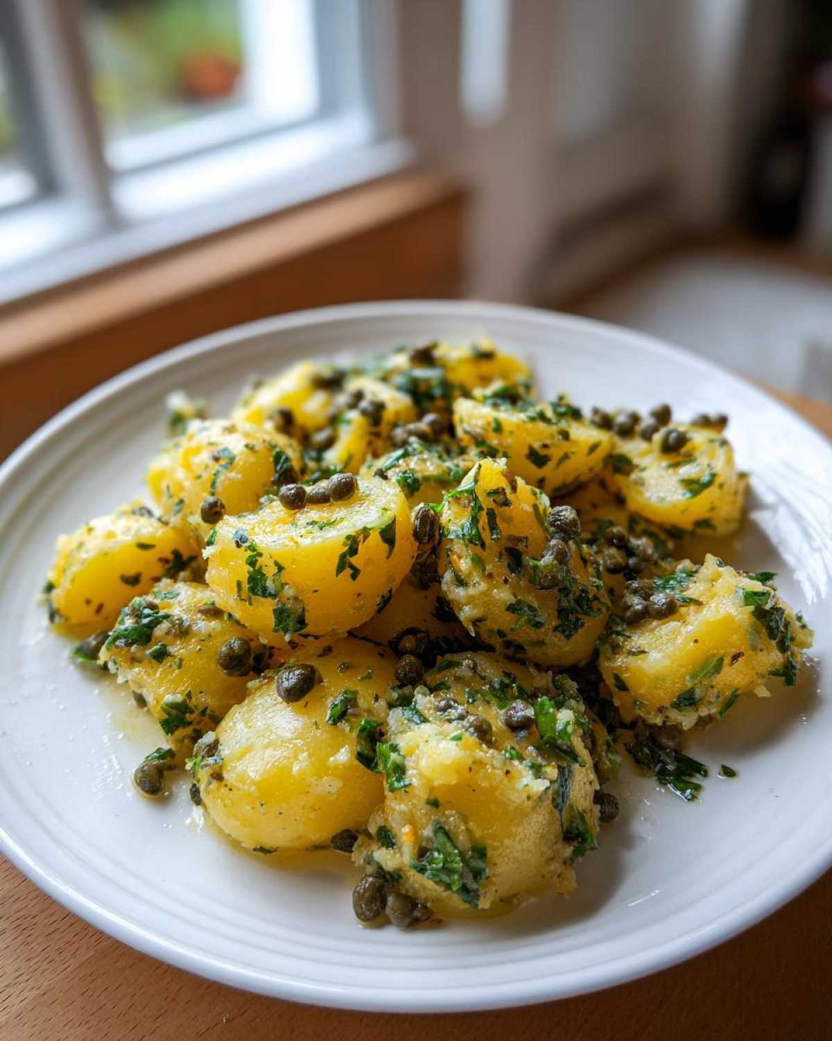 Close-up of CRUSHED POTATO SALAD tossed in a bright yellow dressing with capers and fresh parsley on a white plate.