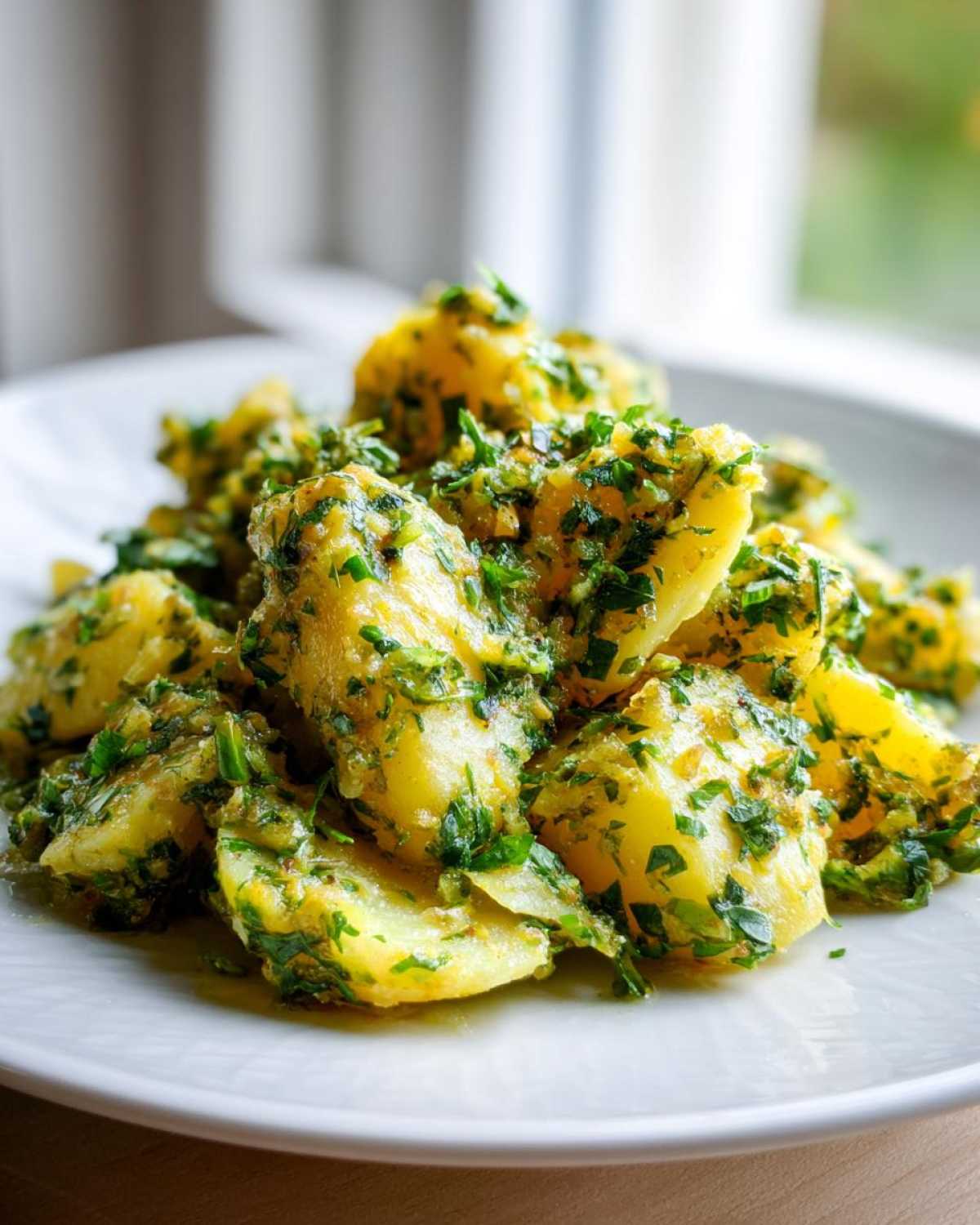 Close-up of bright yellow CRUSHED POTATO SALAD coated in a vibrant green lemon-caper-parmesan dressing and fresh herbs.