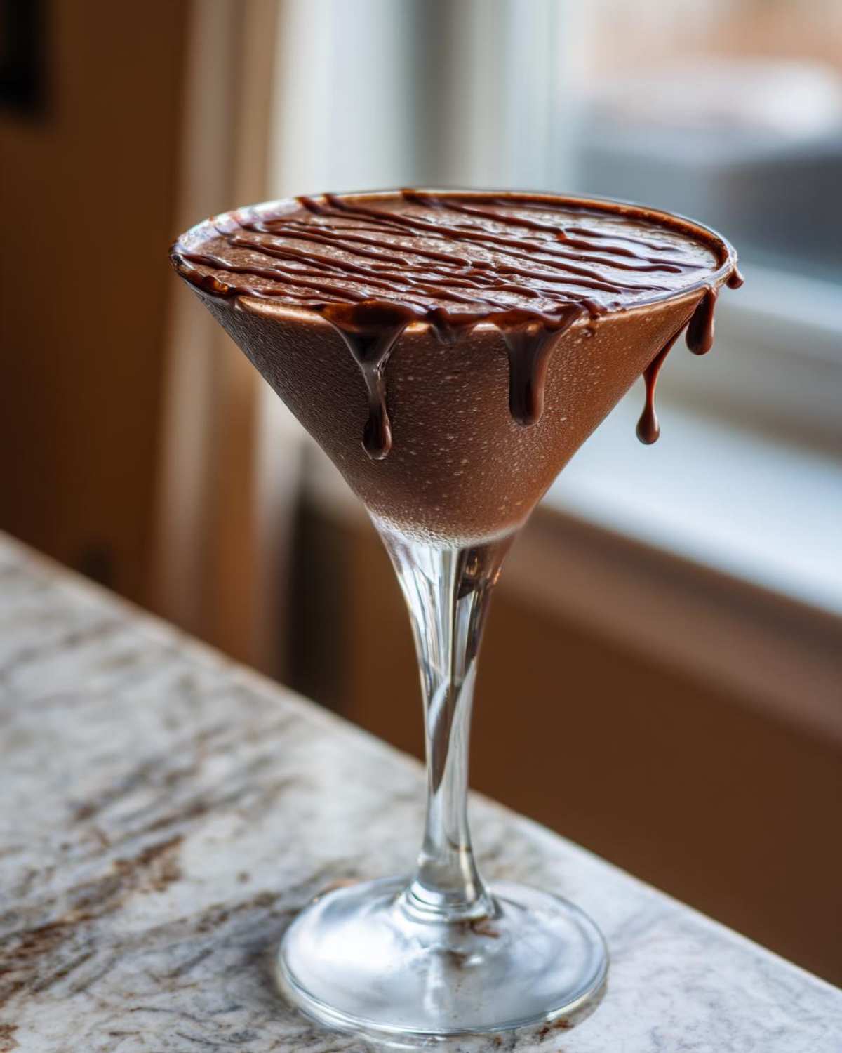 A frosty chocolate martini in a stemmed glass, topped with drizzled chocolate syrup.