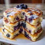 A tall stack of Delicious Blueberry Pancakes cut open to show fluffy interior, drizzled with white glaze and topped with fresh blueberries.