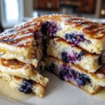 A close-up of a tall stack of Delicious Blueberry Pancakes, cut open to show juicy berries, drizzled with white glaze and syrup.