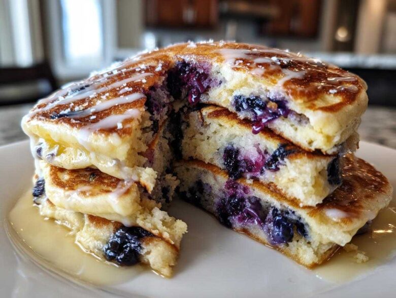 A close-up of a tall stack of Delicious Blueberry Pancakes, cut open to show juicy berries, drizzled with white glaze and syrup.