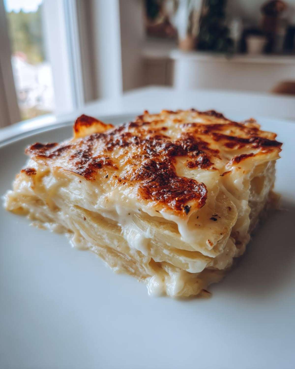 A close-up of a layered, cheesy potato bake, perfect as an Easy 30-Minute Cheesy Side Dish.