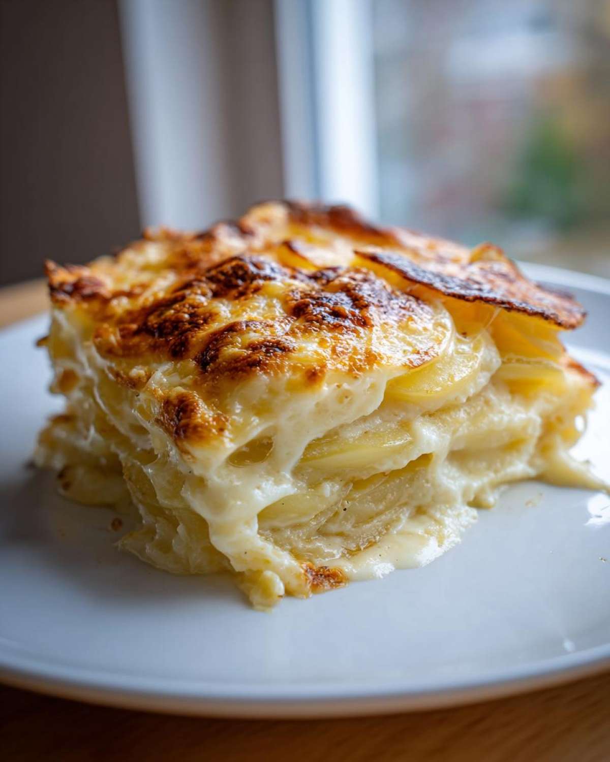 A close-up of a rich, layered slice of cheesy side dish, featuring thinly sliced potatoes baked in cream sauce.