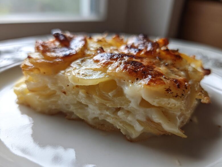 A close-up of a single serving of the Easy 30-Minute Cheesy Side Dish, showing layered potatoes baked in a creamy sauce with a browned top.