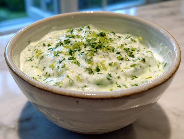 Close-up of Easy 5-Minute Salsa Verde Yogurt Dip topped with fresh herbs and lime zest in a rustic bowl.