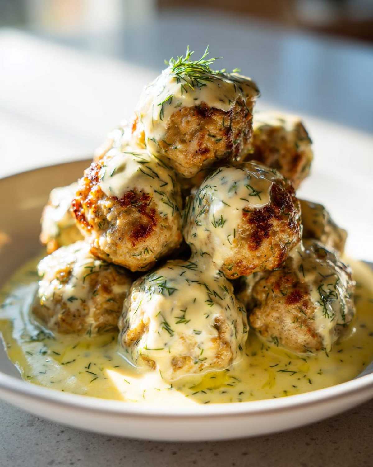 A stack of Easy Creamy Greek Chicken Meatballs smothered in a dill-flecked creamy sauce.