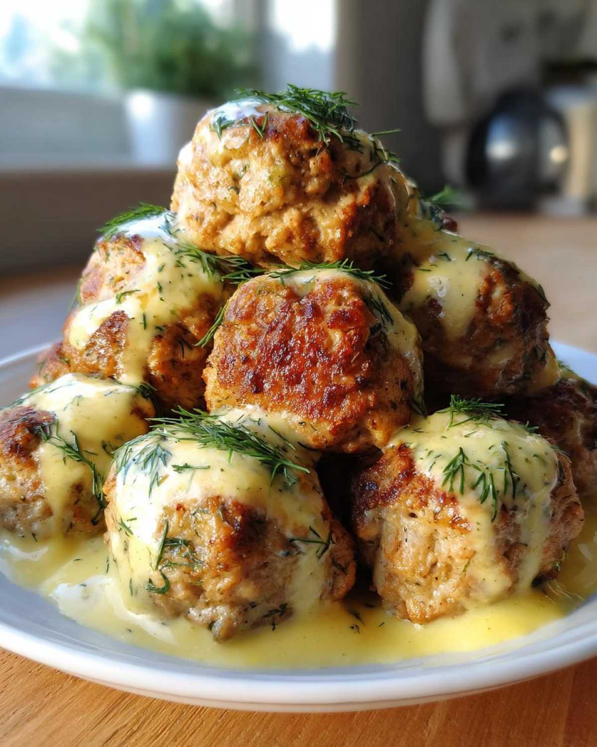 A stack of Easy Creamy Greek Chicken Meatballs generously covered in a light yellow sauce and fresh dill.