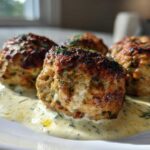 Close-up of seared Easy Creamy Greek Chicken Meatballs resting in a light, herb-flecked cream sauce.