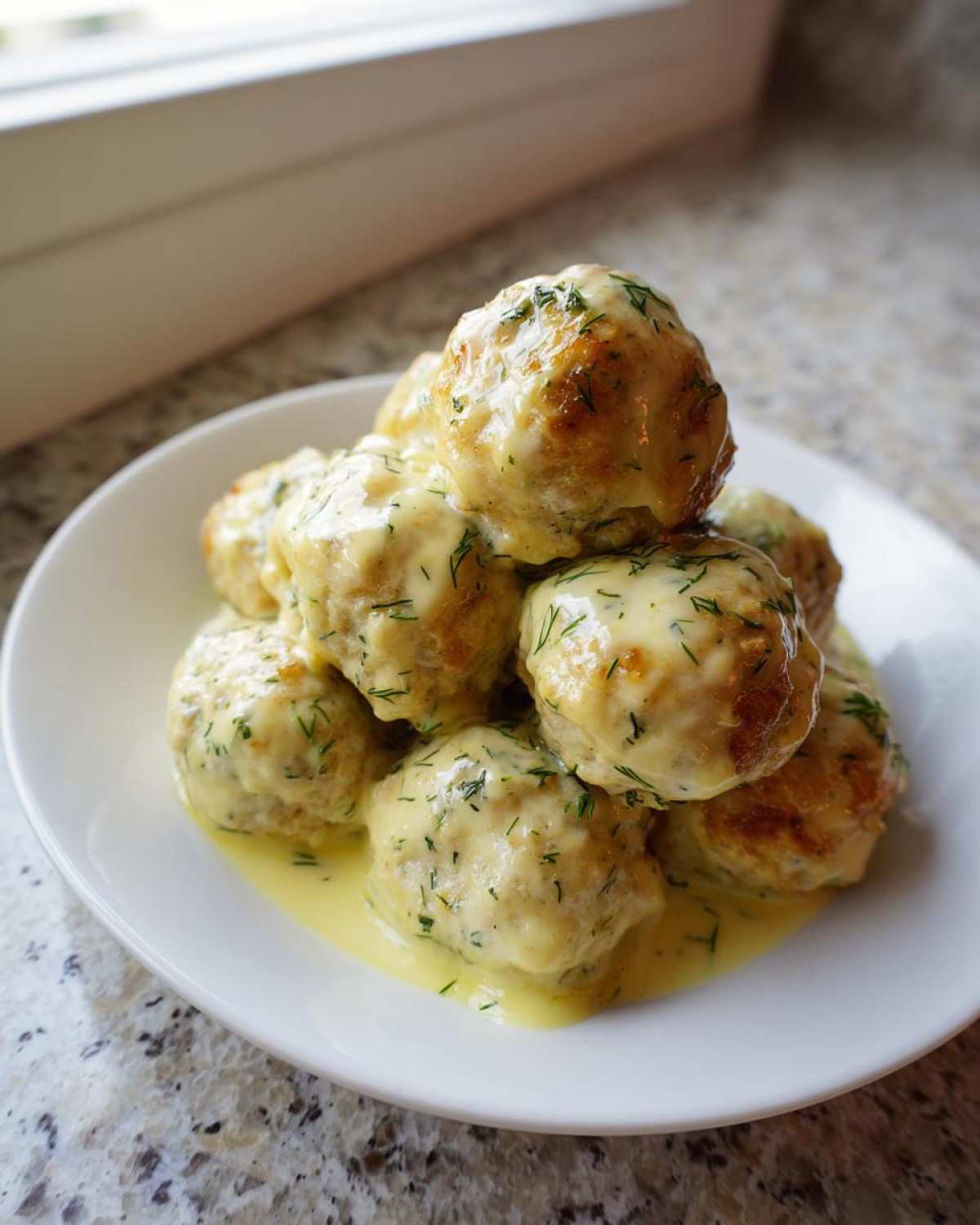 A stack of Easy Creamy Greek Chicken Meatballs covered in a light yellow sauce and topped with fresh dill.