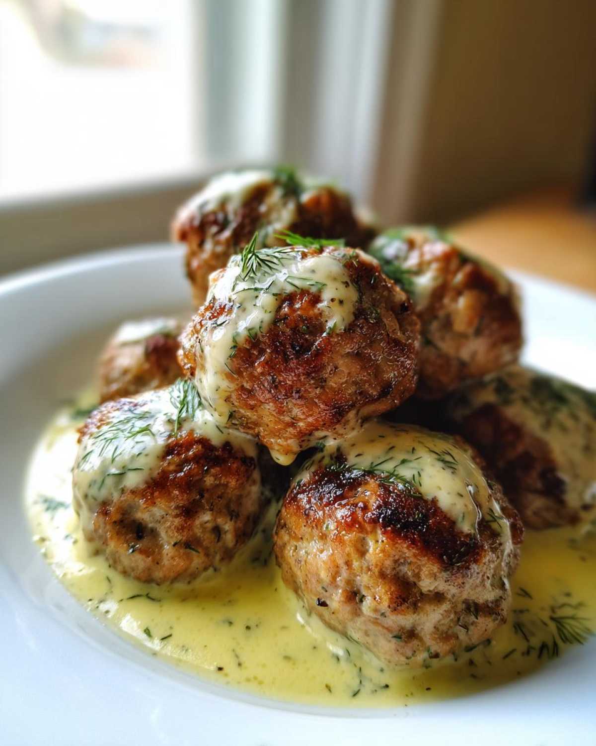A close-up of several Easy Creamy Greek Chicken Meatballs served in a rich, pale yellow sauce and garnished with fresh dill.