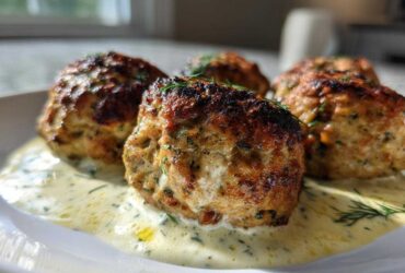 Close-up of seared Easy Creamy Greek Chicken Meatballs resting in a light, herb-flecked cream sauce.