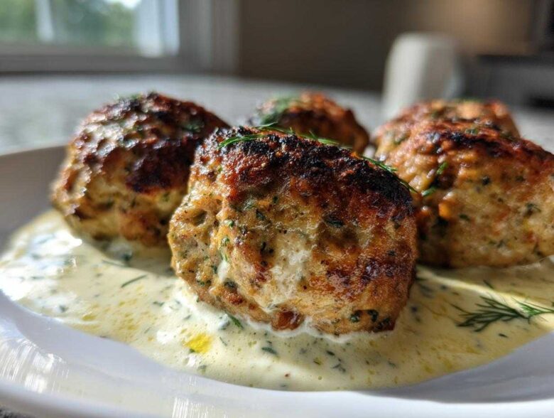 Close-up of seared Easy Creamy Greek Chicken Meatballs resting in a light, herb-flecked cream sauce.