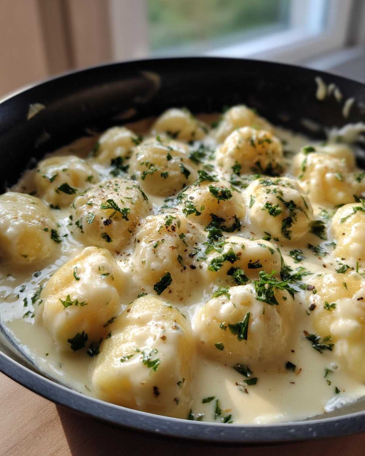 Close-up of plump gnocchi coated in a rich, creamy garlic butter sauce and sprinkled with fresh parsley.