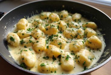 Close-up of Easy One-Pan Creamy Garlic Butter Gnocchi swimming in a rich sauce and topped with fresh parsley.