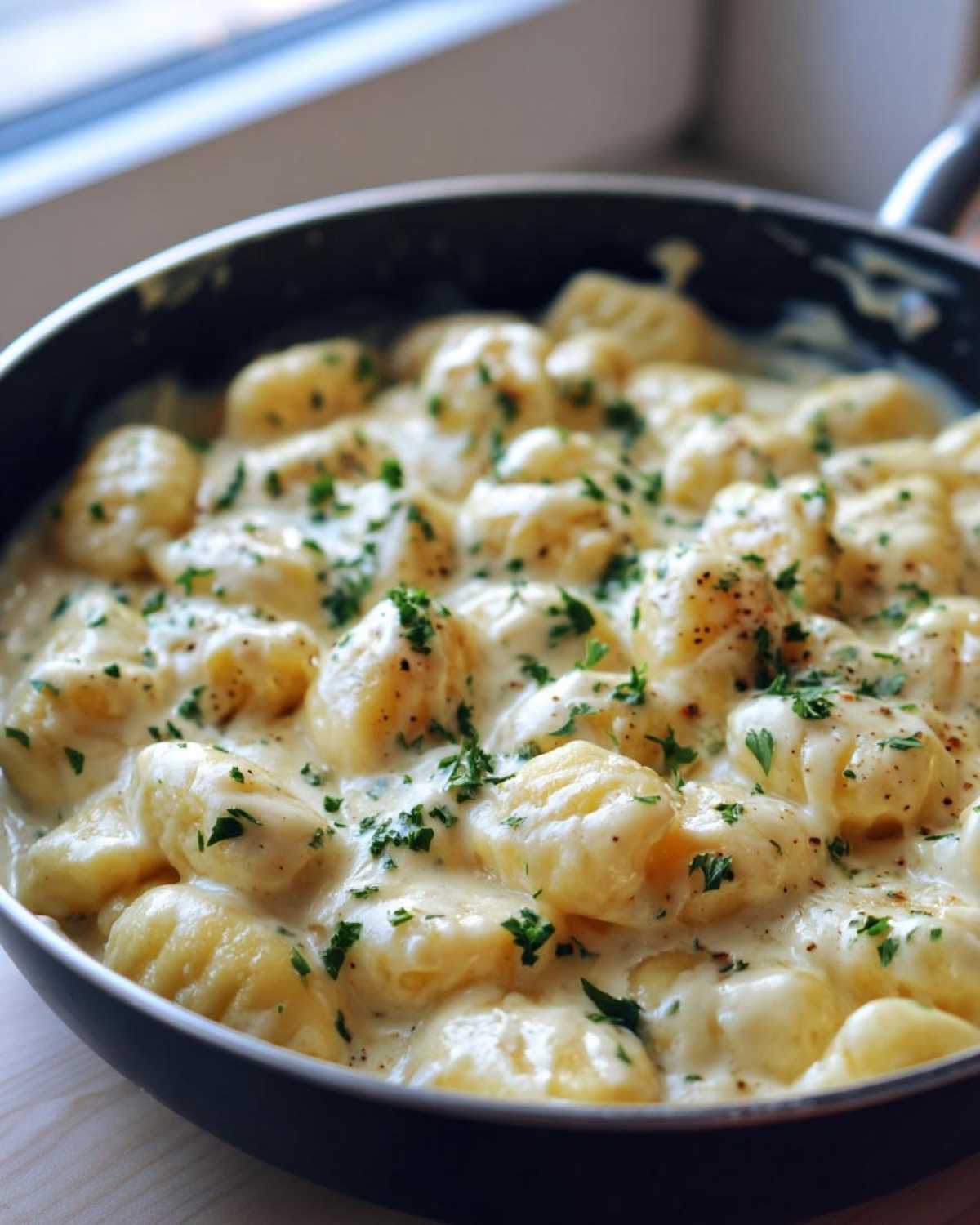 Close-up of Easy One-Pan Creamy Garlic Butter Gnocchi coated in a rich white sauce and topped with fresh parsley.