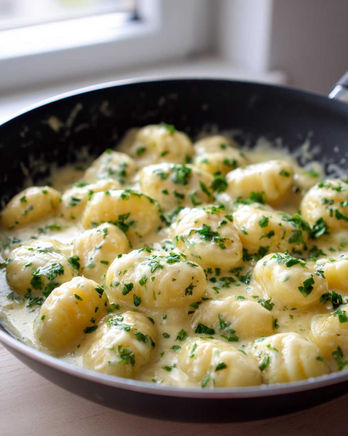 Close-up of Easy One-Pan Creamy Garlic Butter Gnocchi coated in a rich sauce and topped with fresh parsley.