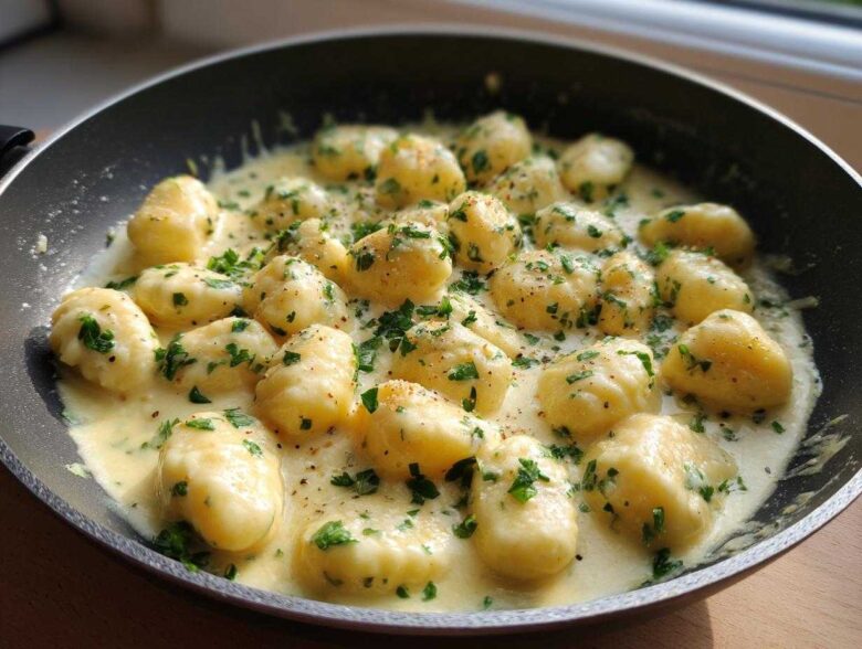 Close-up of Easy One-Pan Creamy Garlic Butter Gnocchi swimming in a rich sauce and topped with fresh parsley.