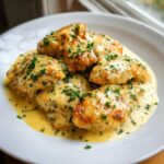 Four browned Easy One-Pan Creamy Garlic Lemon Chicken cutlets covered in a rich, yellow cream sauce and topped with fresh parsley.