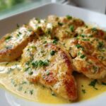 Close-up of seared chicken cutlets smothered in a creamy garlic lemon sauce and topped with fresh parsley.
