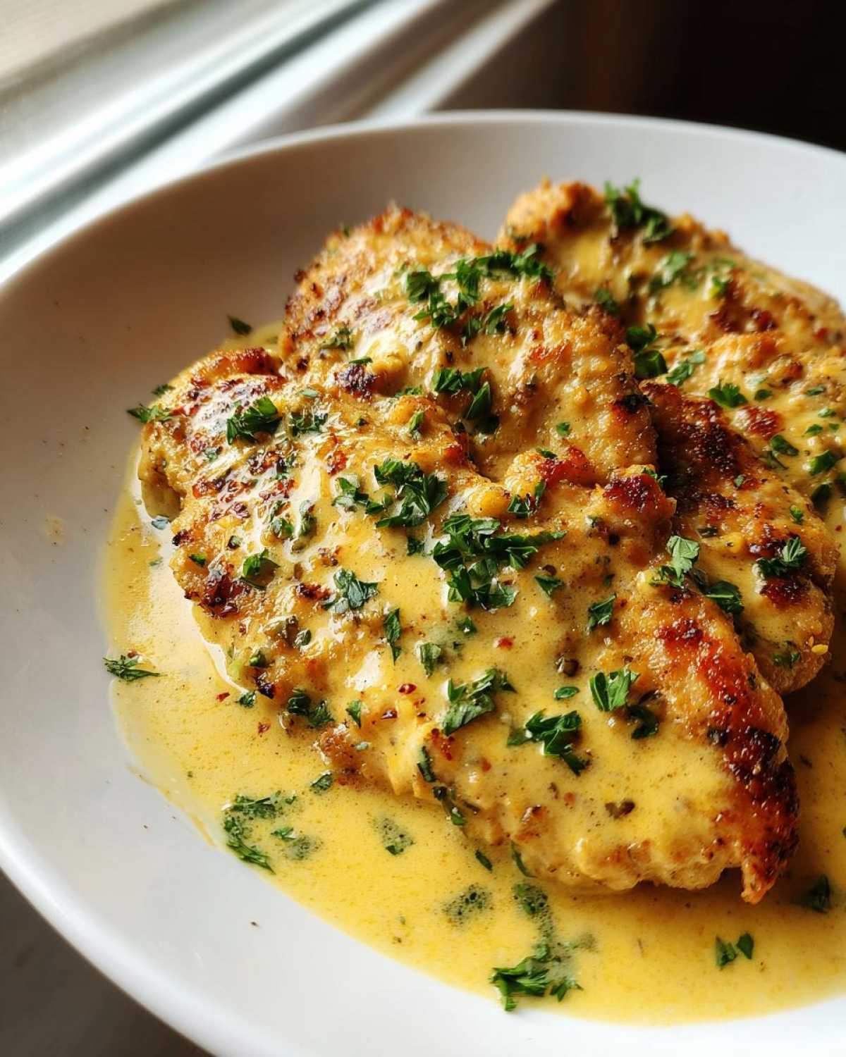 Close-up of golden brown Easy One-Pan Creamy Garlic Lemon Chicken Cutlets smothered in a rich yellow sauce and topped with fresh parsley.