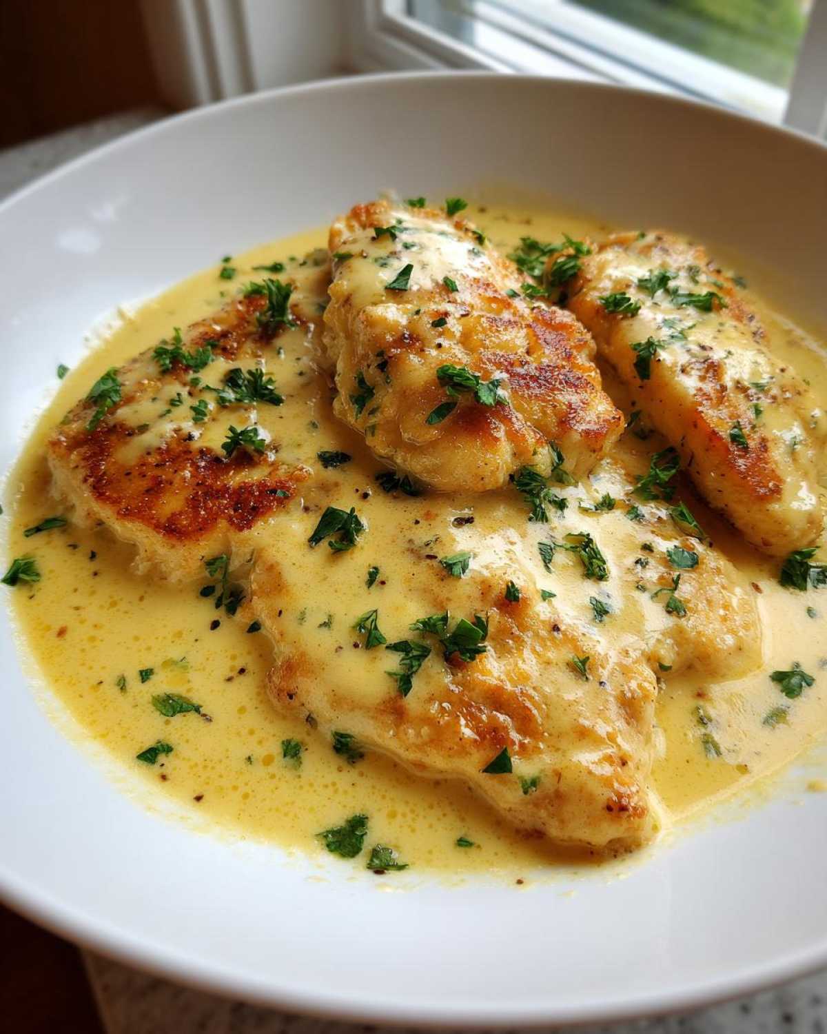 Three golden-brown Easy One-Pan Creamy Garlic Lemon Chicken cutlets covered in a rich, yellow sauce and sprinkled with parsley.
