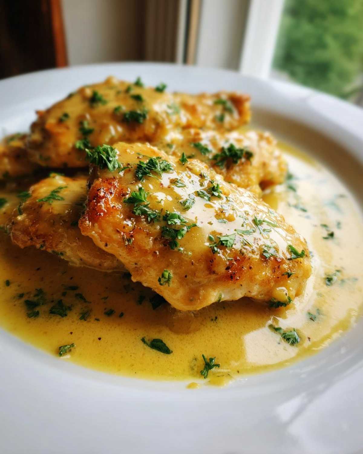 Close-up of pan-seared Easy One-Pan Creamy Garlic Lemon Chicken Cutlets covered in a rich sauce and fresh parsley.