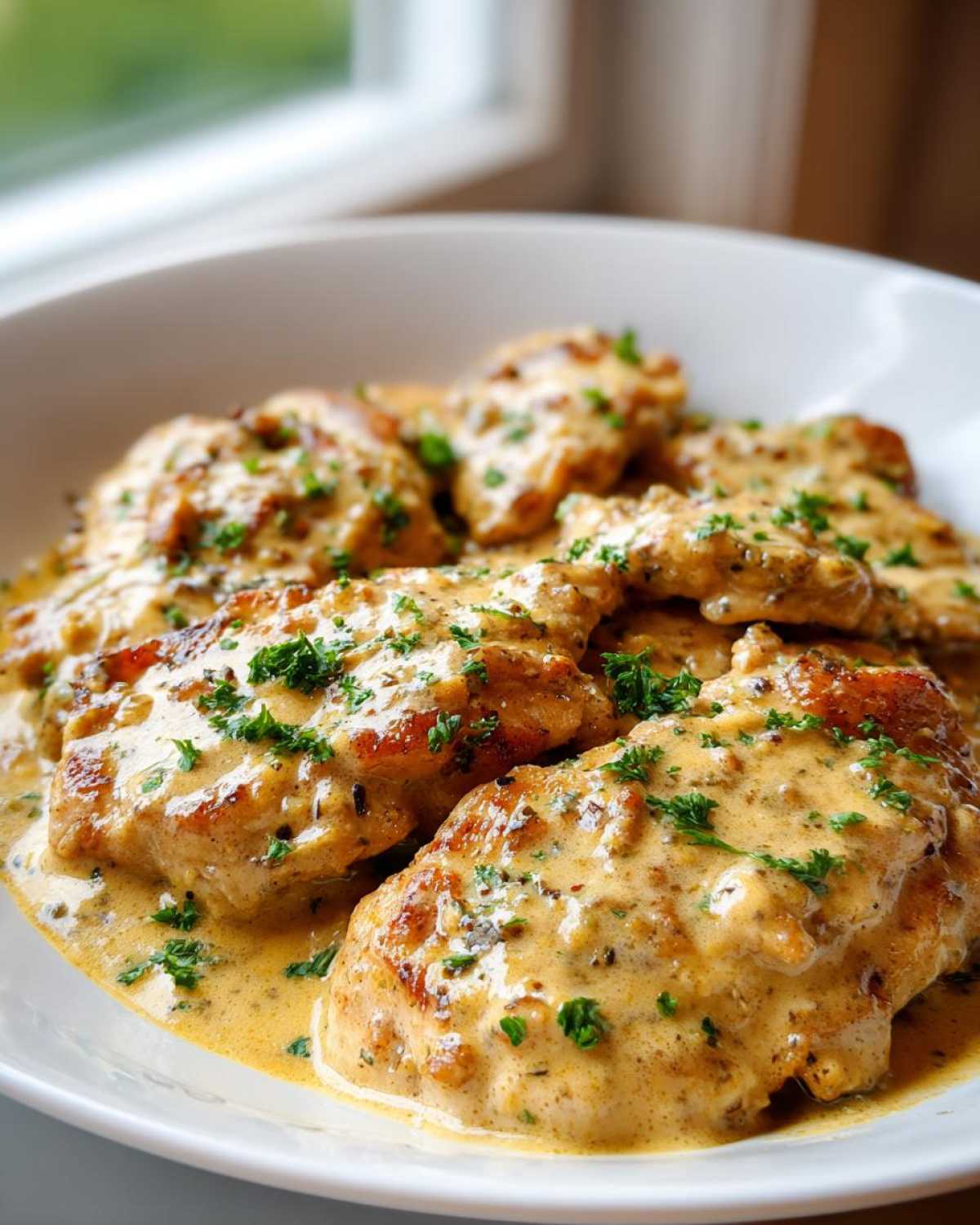 Close-up of seared chicken cutlets smothered in a creamy garlic lemon sauce and topped with fresh parsley.