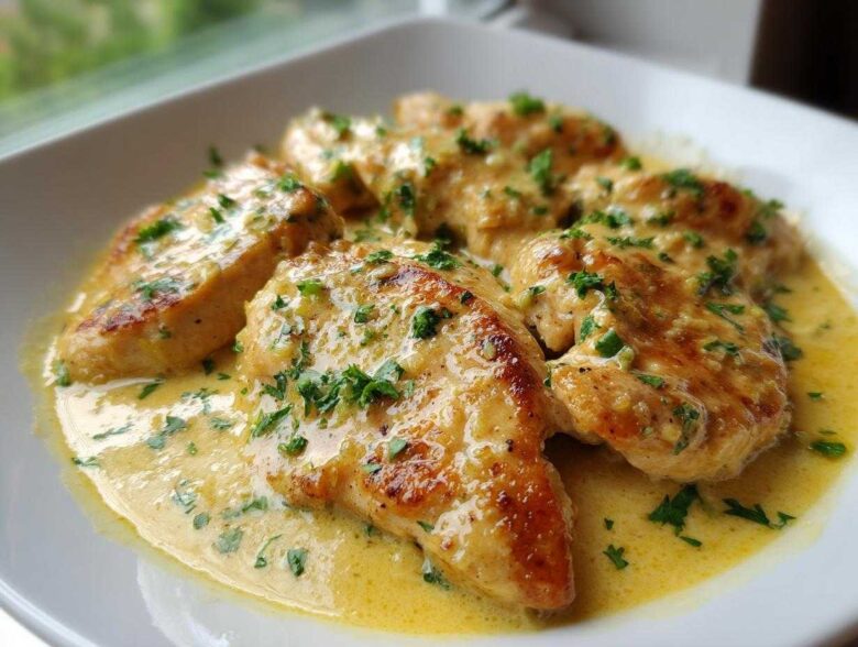 Close-up of seared chicken cutlets smothered in a creamy garlic lemon sauce and topped with fresh parsley.