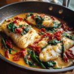 Close-up of flaky white cod fillets simmering in a creamy, orange-hued sauce with spinach and sun-dried tomatoes: Easy One-Pan Creamy Garlic Tuscan Cod.