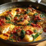 Close-up of Easy One-Pan Creamy Garlic Tuscan Cod fillets simmering in a rich, orange-hued sauce with spinach and sun-dried tomatoes.