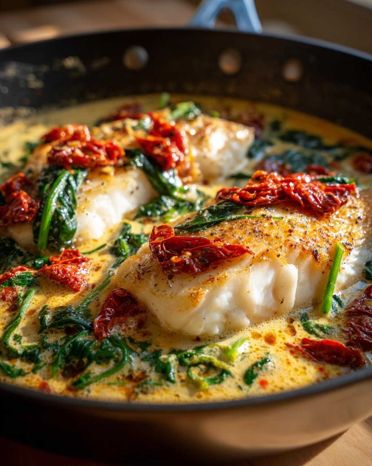 Close-up of flaky cod fillets in a creamy garlic sauce with spinach and sun-dried tomatoes: Easy One-Pan Creamy Garlic Tuscan Cod.