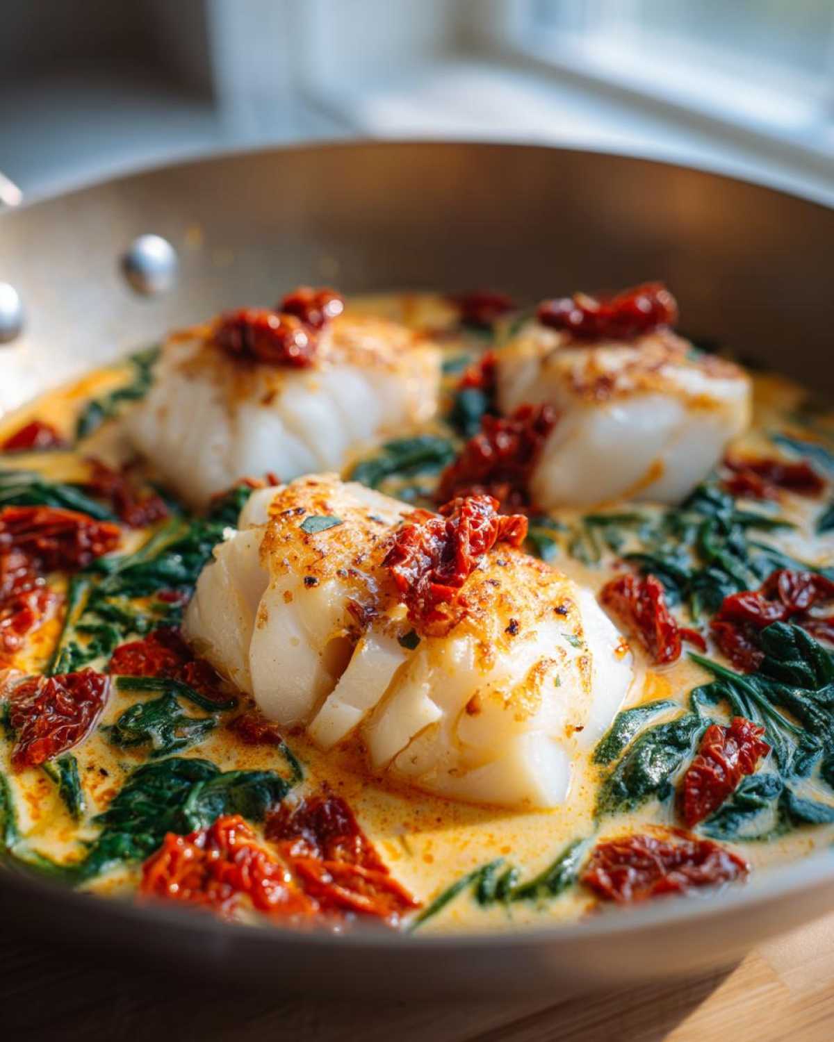 Close-up of flaky cod fillets in a creamy garlic sauce with spinach and sun-dried tomatoes, part of the Easy One-Pan Creamy Garlic Tuscan Cod.