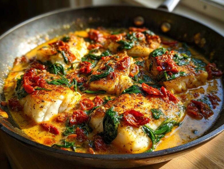 Close-up of Easy One-Pan Creamy Garlic Tuscan Cod fillets simmering in a rich, orange-hued sauce with spinach and sun-dried tomatoes.