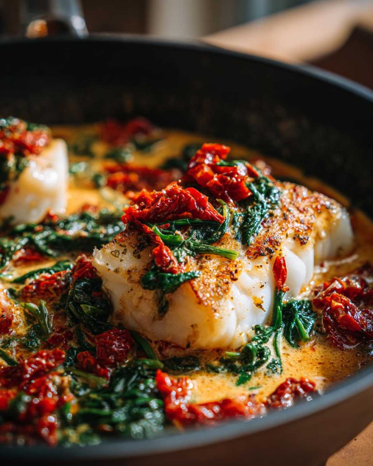 Close-up of flaky cod fillet cooked in a creamy sauce with spinach and sun-dried tomatoes for Easy One-Pan Creamy Garlic Tuscan Cod.