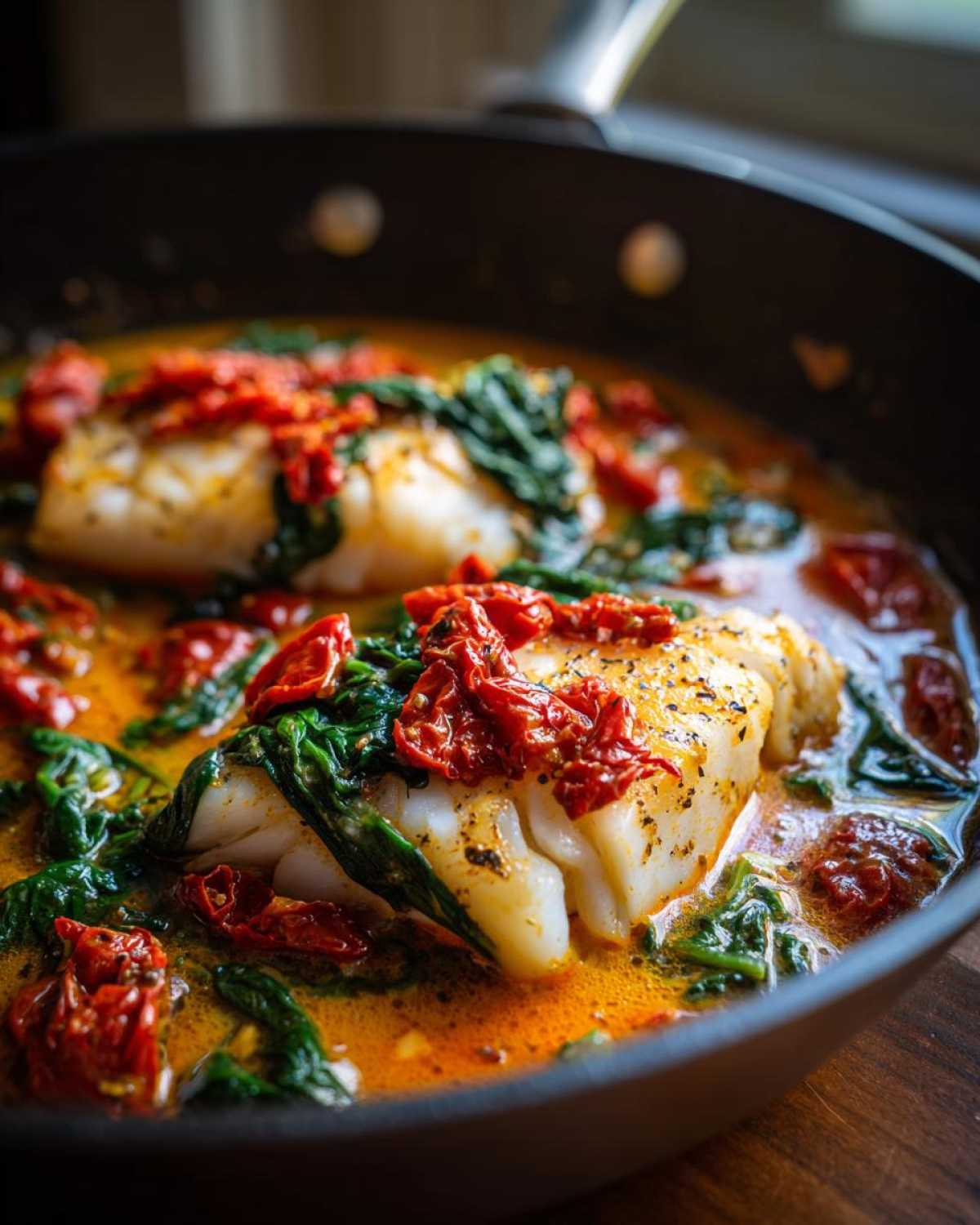 Close-up of Easy One-Pan Creamy Garlic Tuscan Cod fillets simmering in a rich sauce with spinach and sun-dried tomatoes.