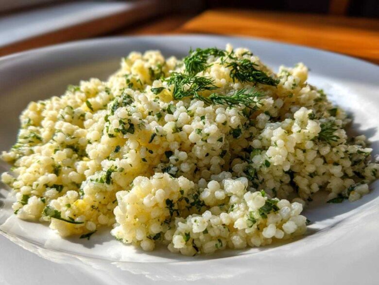 Close-up of fluffy Easy One-Pot Creamy Lemon Herb Couscous garnished with fresh dill and parsley.