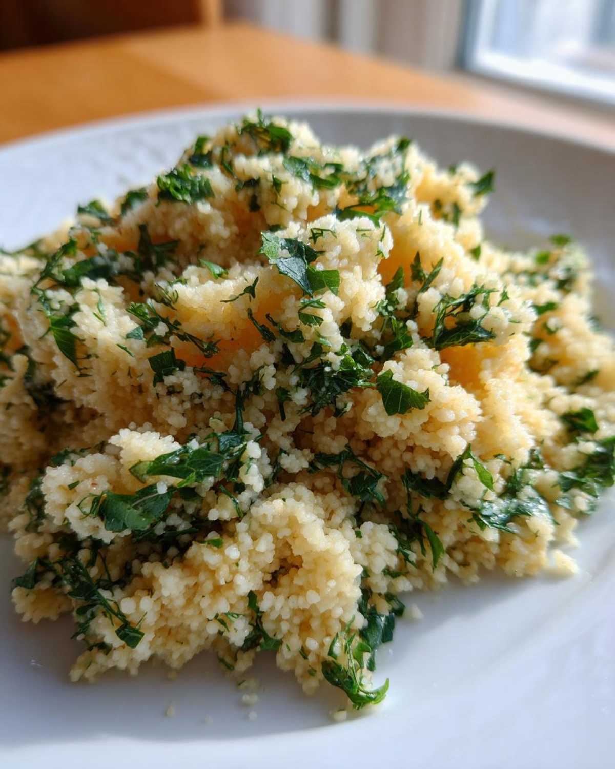 Close-up of fluffy couscous mixed with fresh green herbs, ready to eat, showcasing the Easy One-Pot Creamy Lemon Herb Couscous.