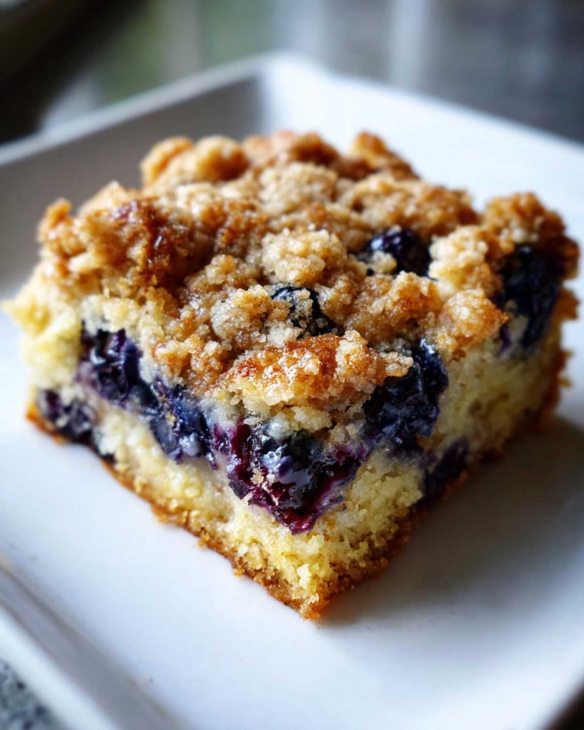 Close-up of a square slice of Easy Sheet Pan Blueberry Streusel Pancake with juicy blueberries and crumb topping.