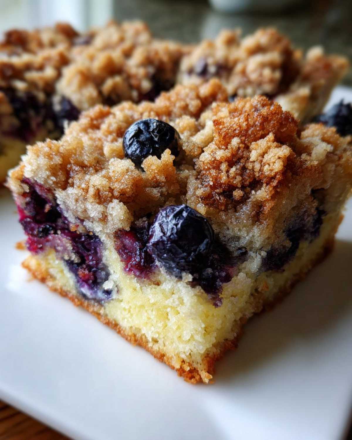 Close-up of a square slice of Easy Sheet Pan Blueberry Streusel Pancake with a thick, crunchy brown sugar streusel topping and visible blueberries.